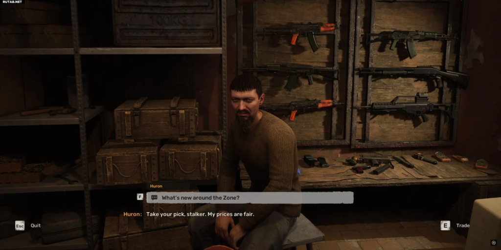 Торговец Хурон из S.T.A.L.K.E.R. сидит в оружейной