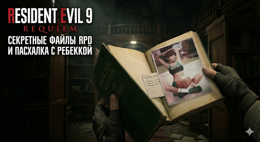 Руки держат книгу в библиотеке Resident Evil 9