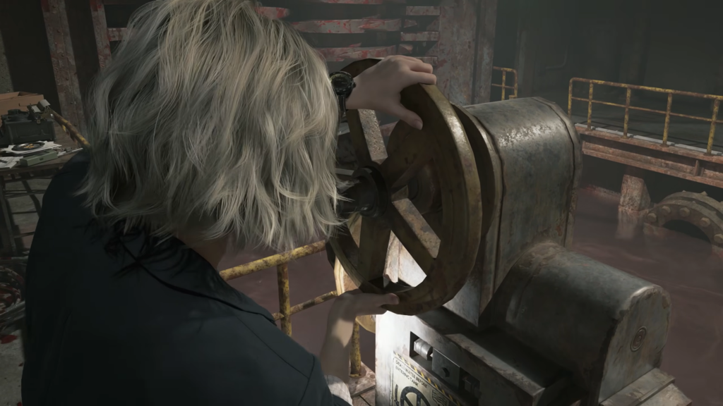 Эшли Грэм крутит вентиль на заводе Resident Evil 4