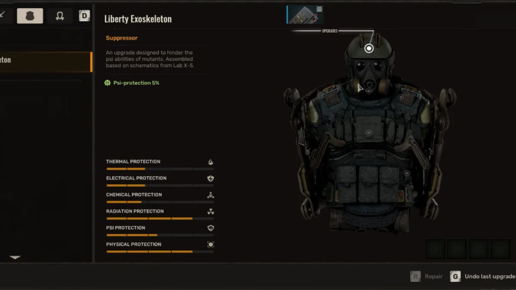 Меню улучшений экзоскелета Liberty Exoskeleton в игре