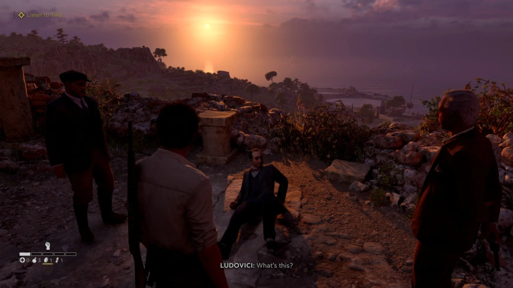 Персонажи обсуждают у моря на закате в Sniper Elite 5