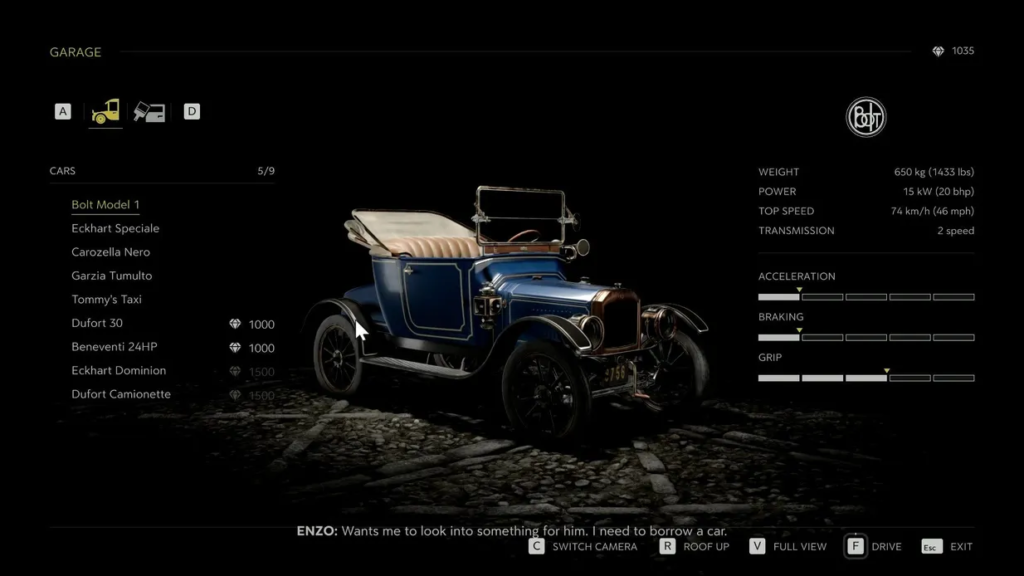 Синий ретро-автомобиль в меню гаража игры Mafia II