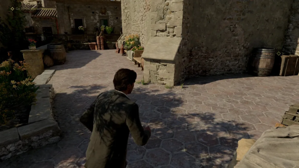 Нейтан Дрейк бежит по каменному двору Uncharted 4