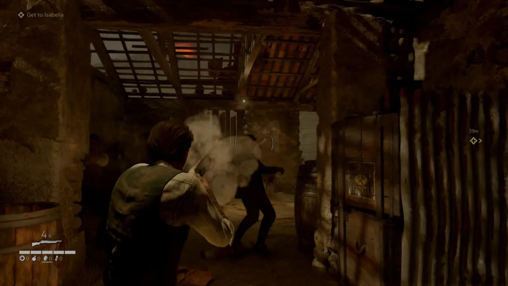 Себастьян Кастелланос стреляет в врага в коридоре The Evil Within