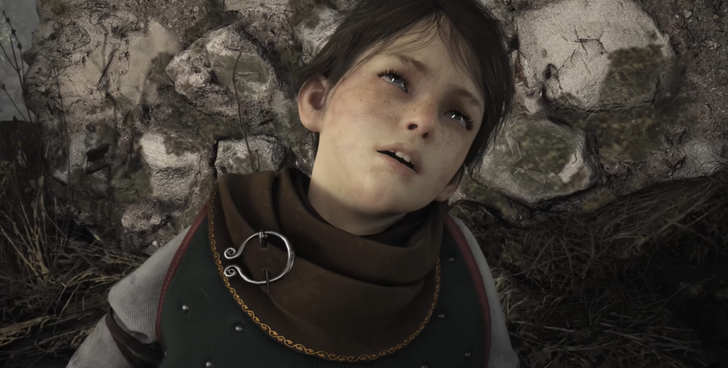 Амиция де Рун лежит у каменной стены A Plague Tale