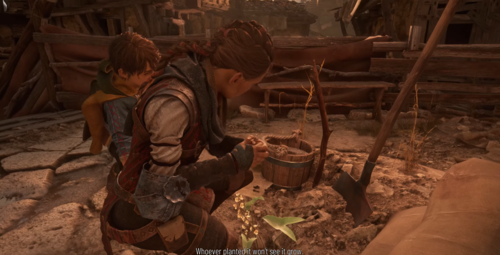 Амиция и Гуго де Рюн сажают растение во дворе A Plague Tale