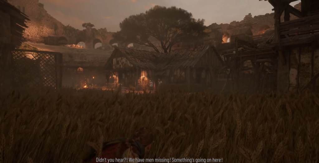 Амиция прячется в пшенице у горящей деревни A Plague Tale