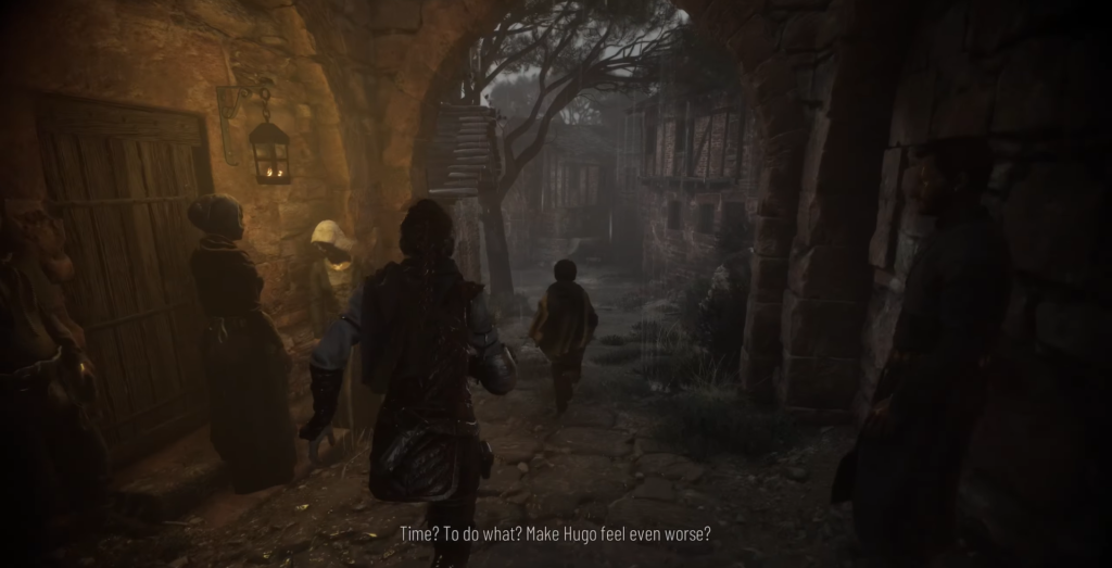 Амиция и Гуго идут по средневековой улице A Plague Tale