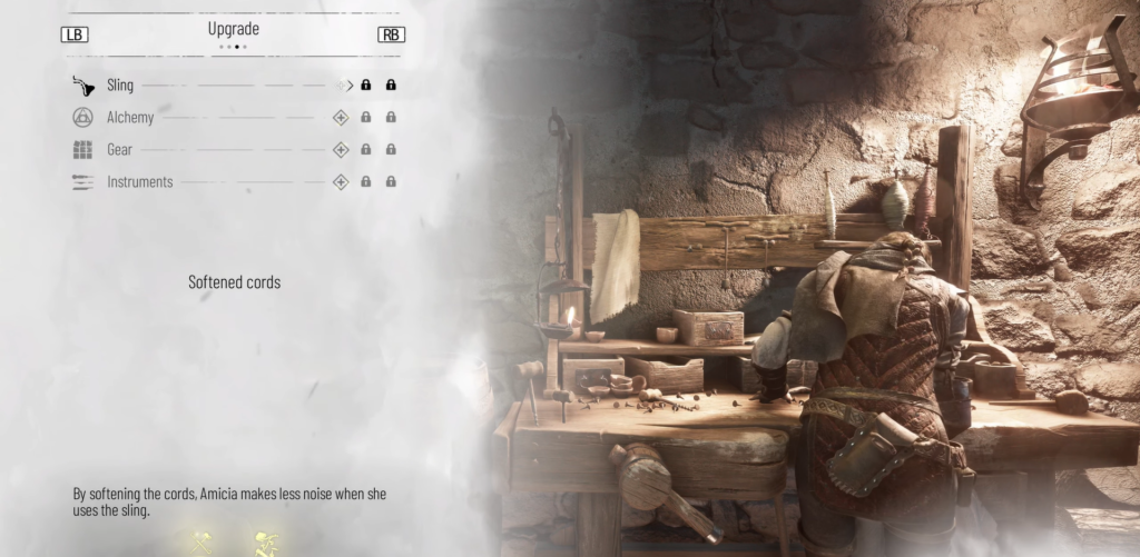 Амиция улучшает пращу за верстаком в мастерской A Plague Tale