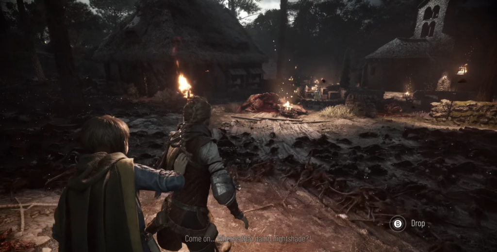 Амиция и Гуго идут по деревне ночью, A Plague Tale