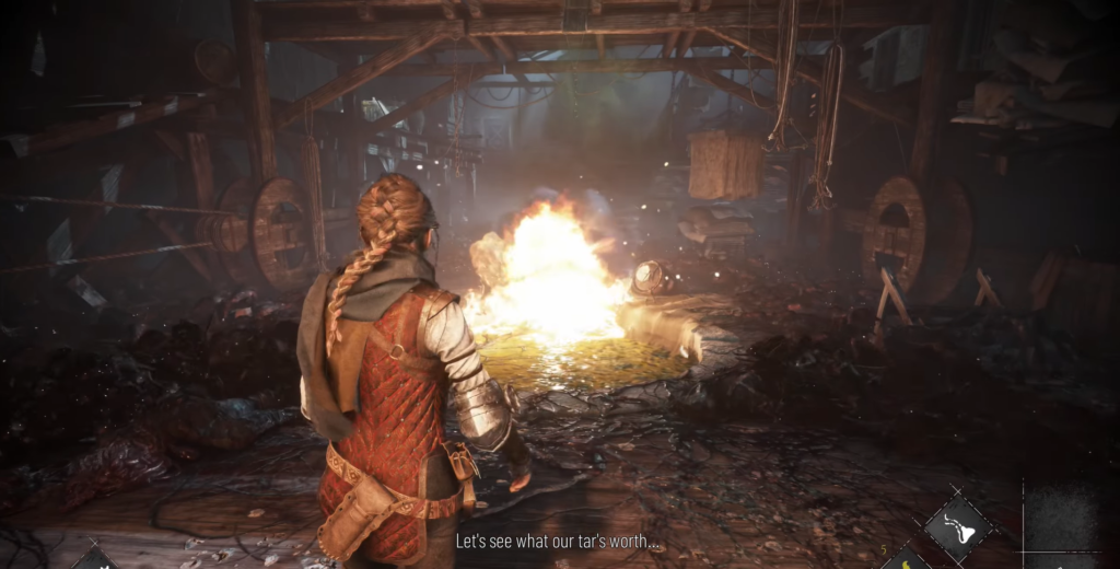 Амиция из A Plague Tale смотрит на взрыв в амбаре