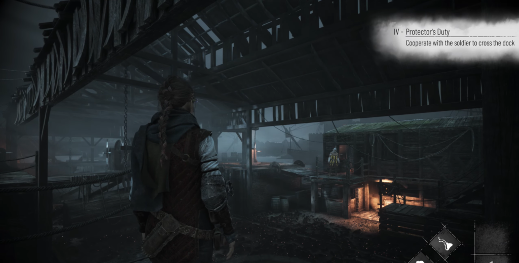 Амиция де Рун стоит на туманном доке A Plague Tale