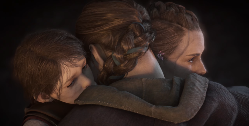 Амиция обнимает Гуго и мать, A Plague Tale
