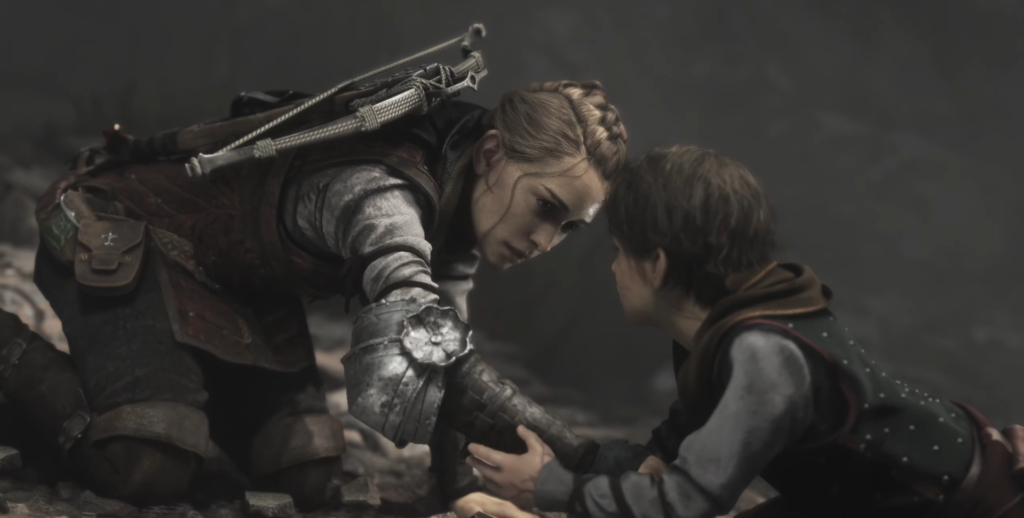 Амиция и Гуго из A Plague Tale обнимаются на руинах