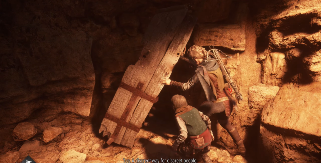 Амиция и Хьюго открывают дверь в пещере A Plague Tale