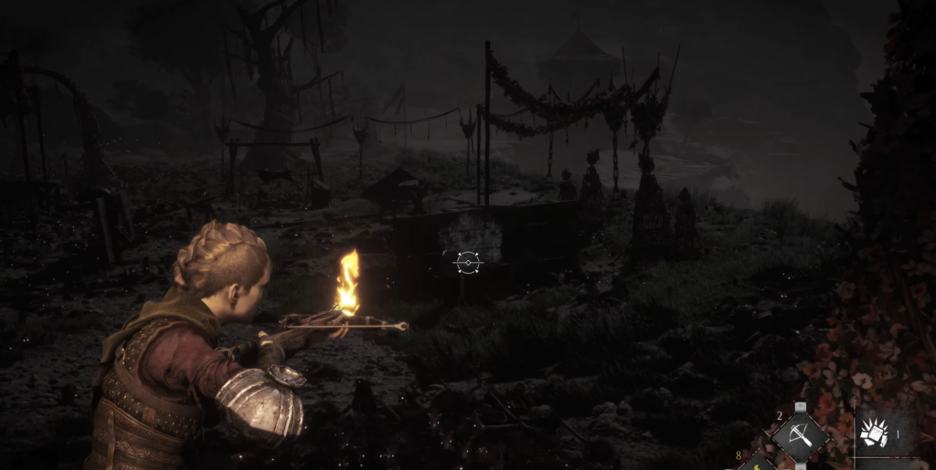 Амиция де Рун целится арбалетом в тумане A Plague Tale
