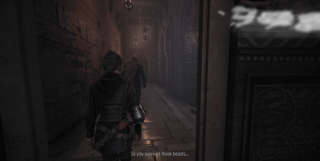 Амисия идет по коридору замка в A Plague Tale