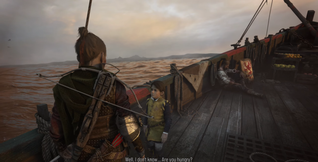 Амиция разговаривает с мальчиком на палубе корабля A Plague Tale