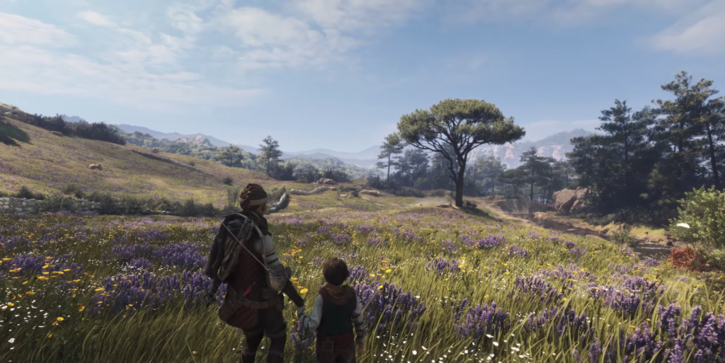 Амиция и Гуго идут по лугу A Plague Tale