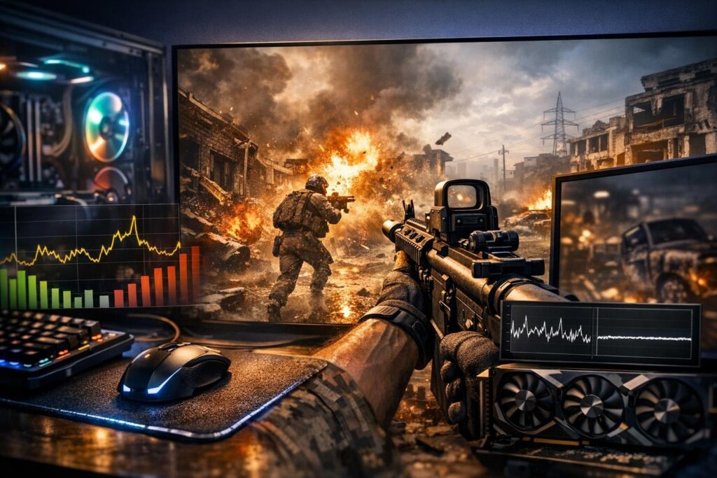 Игрок целится из винтовки в горящем городе
