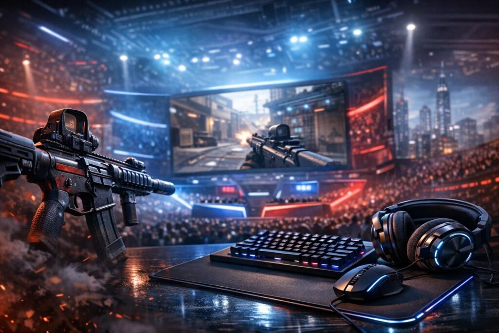 Штурмовая винтовка и игровая периферия на киберспортивной арене