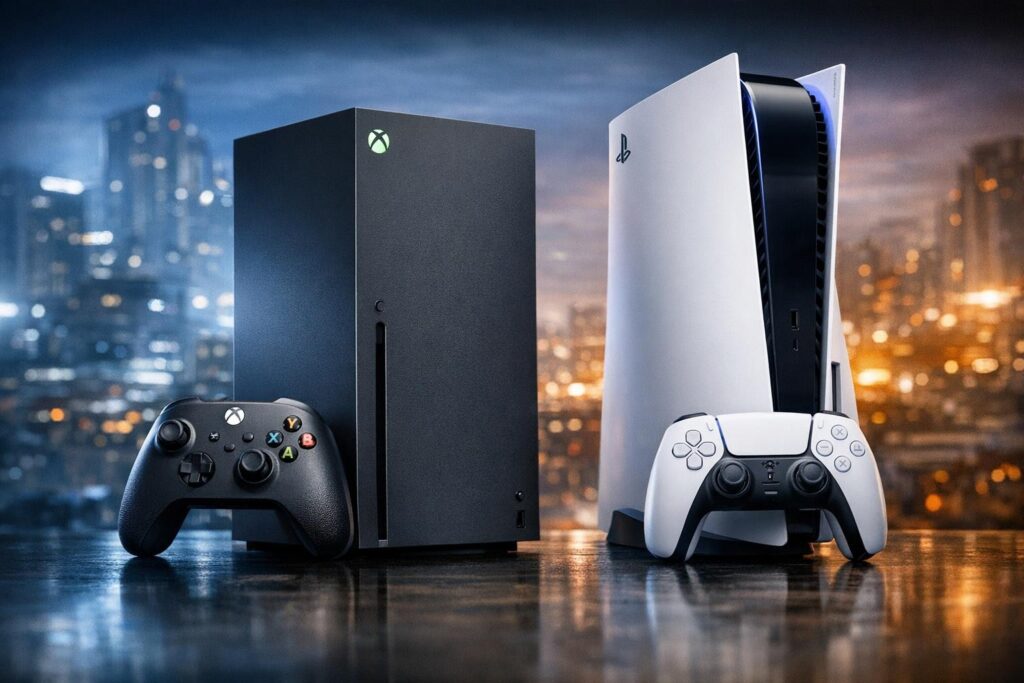 Xbox Series X и PlayStation 5 стоят на столе