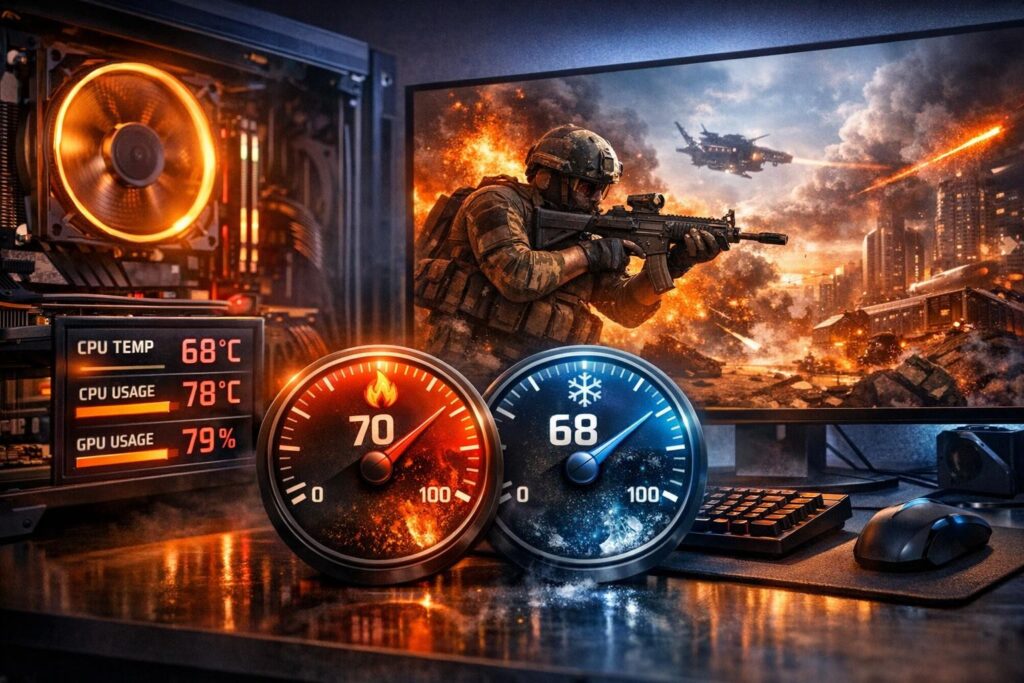 Игровой ПК показывает температуры на фоне шутера на мониторе
