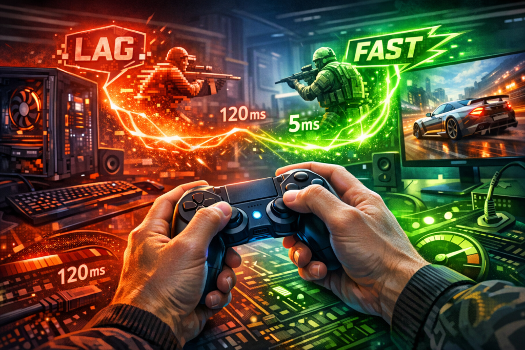 Руки держат геймпад перед мониторами LAG и FAST