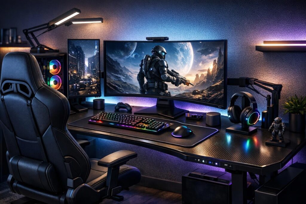 Игровой стол с RGB клавиатурой и мониторами в комнате