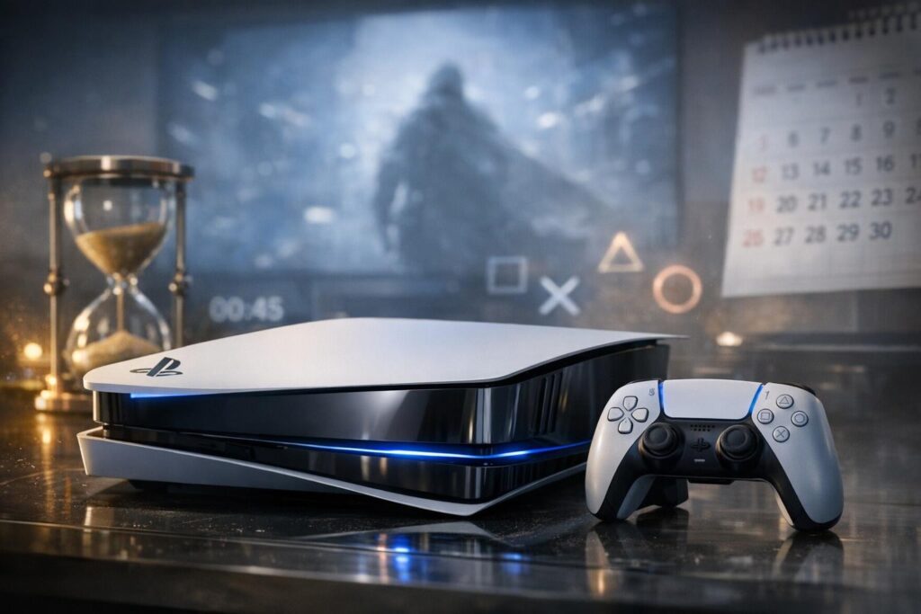 Консоль PlayStation 5 и геймпад на столе