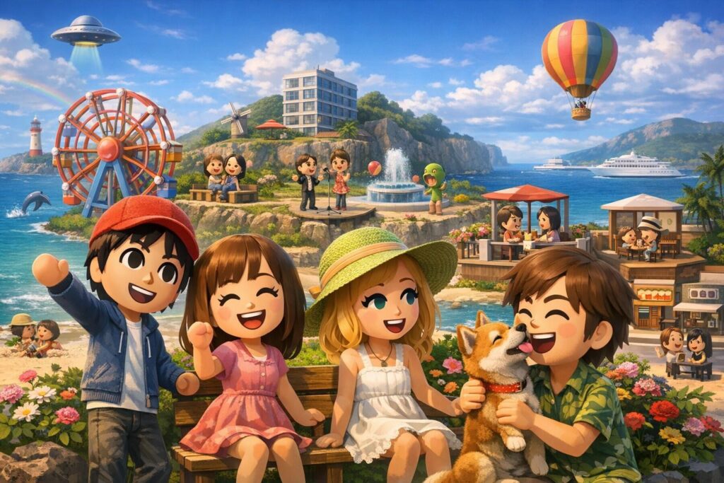 Персонажи Animal Crossing отдыхают на острове у моря