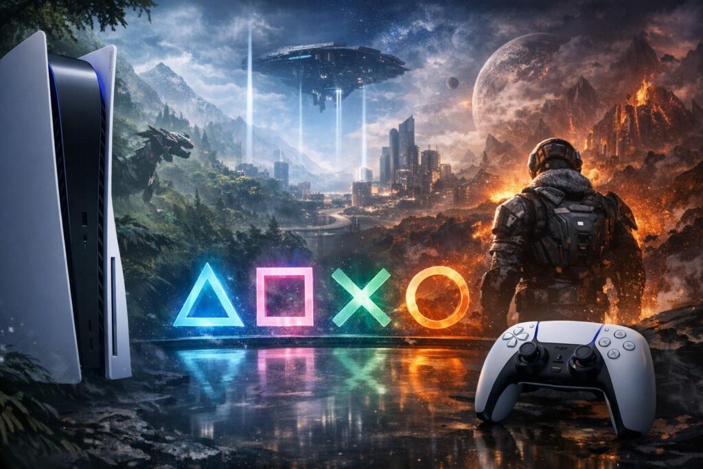Консоль PlayStation 5 и геймпад на фоне фантастики
