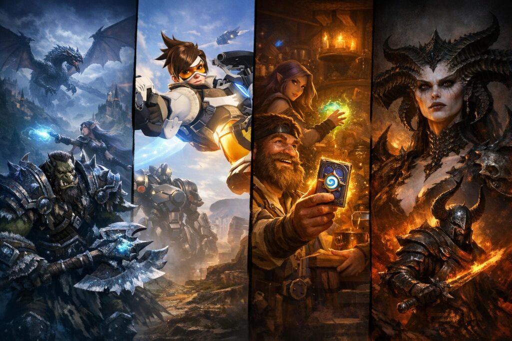 Трейсер Overwatch и персонажи Blizzard на коллаже
