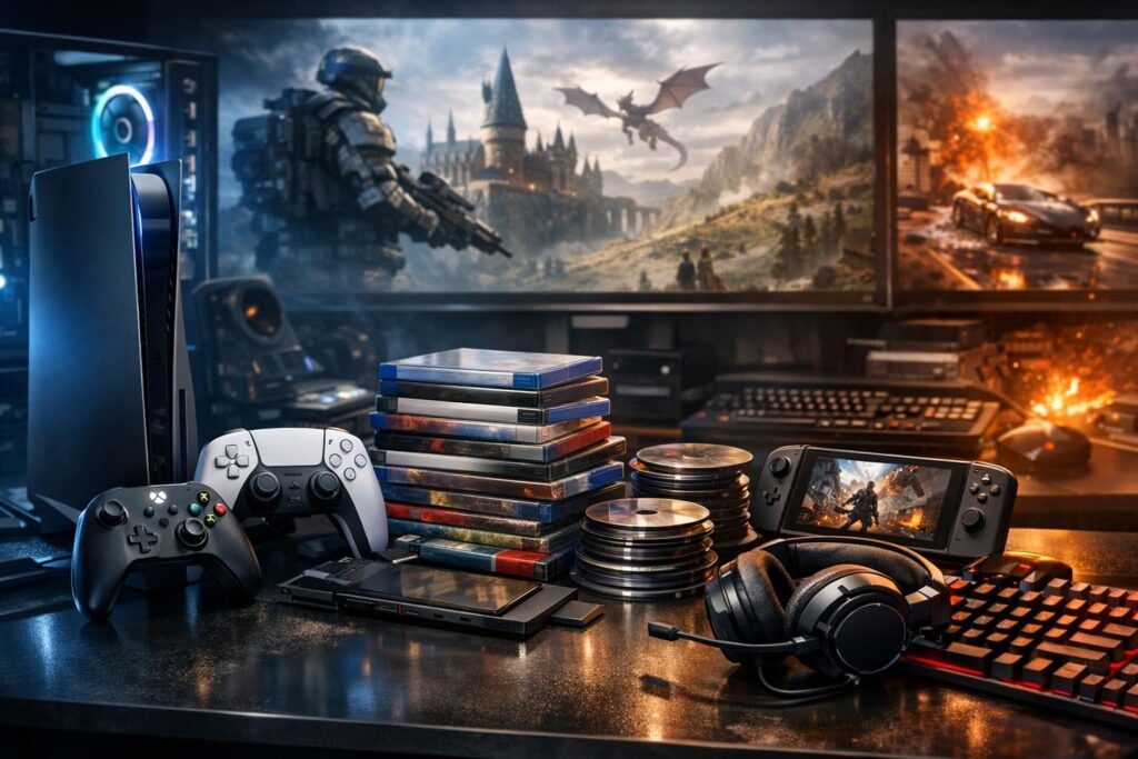 Игровые консоли и контроллеры на столе перед мониторами