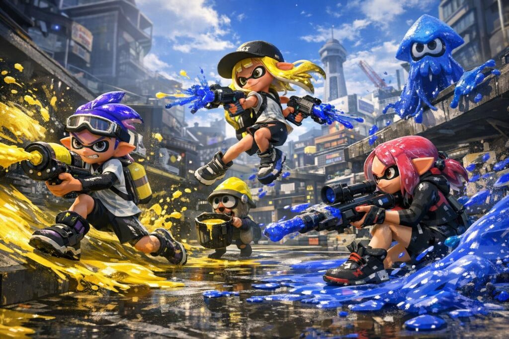 Инклинги Splatoon стреляют краской на городской улице