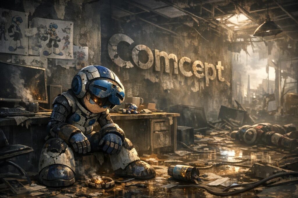 Мега Мэн сидит в разрушенной мастерской Concept