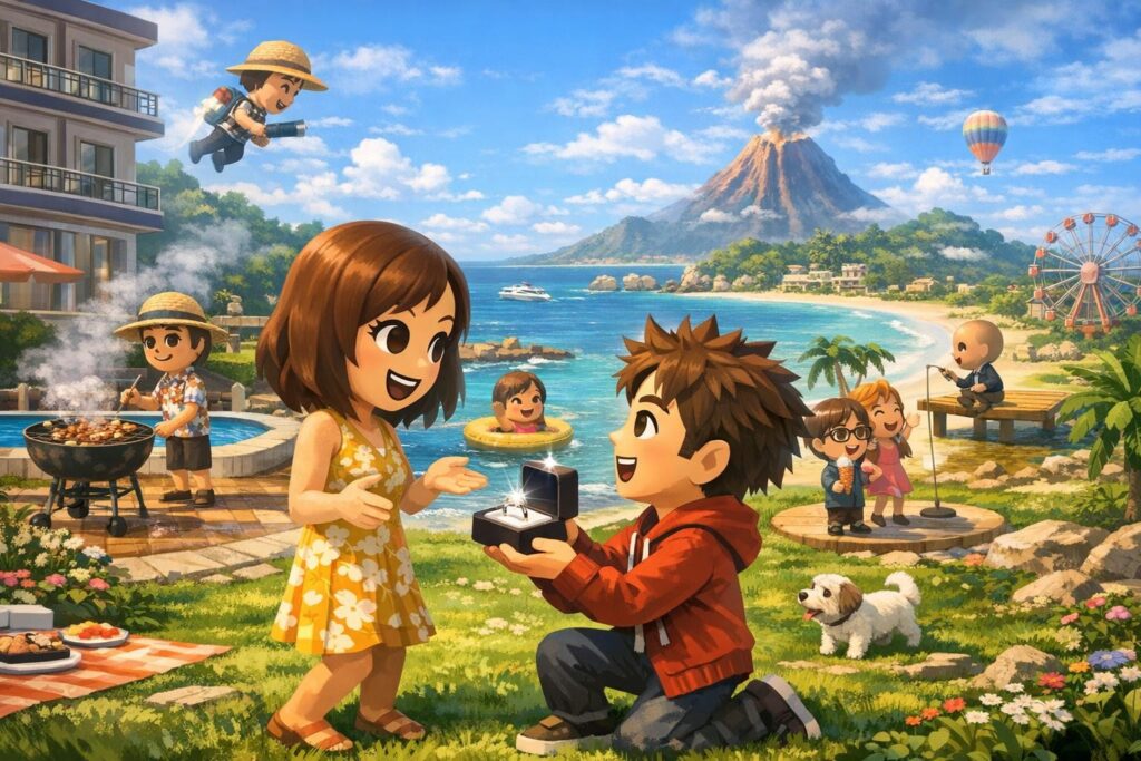 Мии из Nintendo предлагает кольцо на пляже