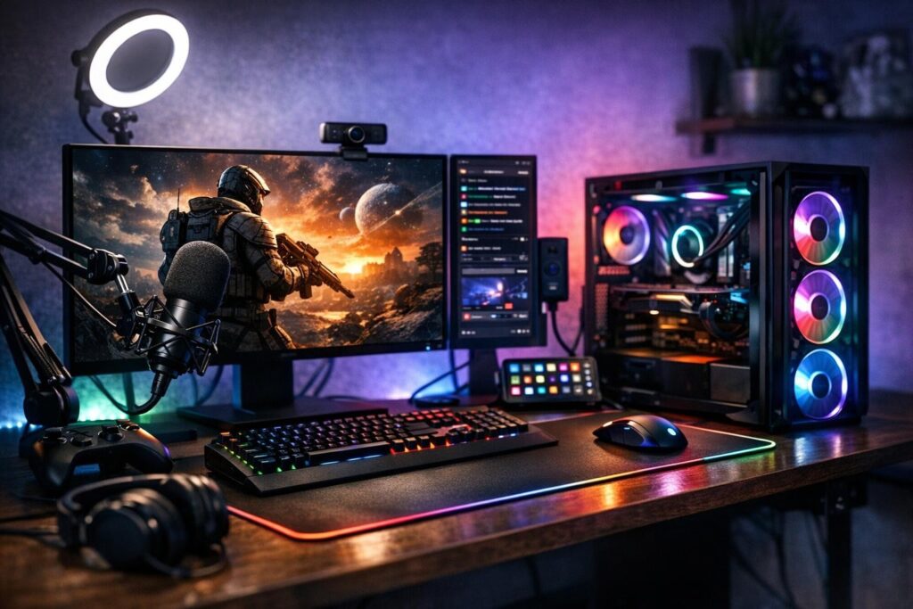 Игровой ПК с RGB подсветкой на столе