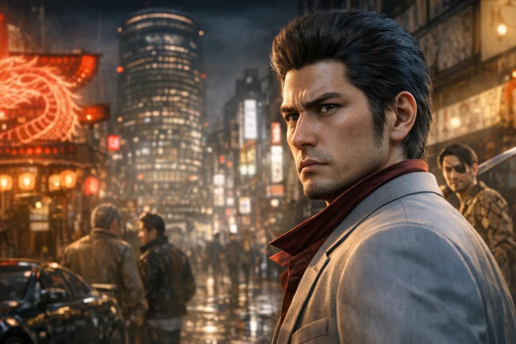 Кадзума Кирю из Yakuza стоит на улице ночью