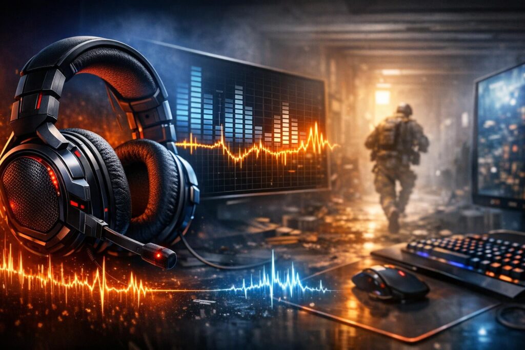 Игровая гарнитура стоит на столе у монитора