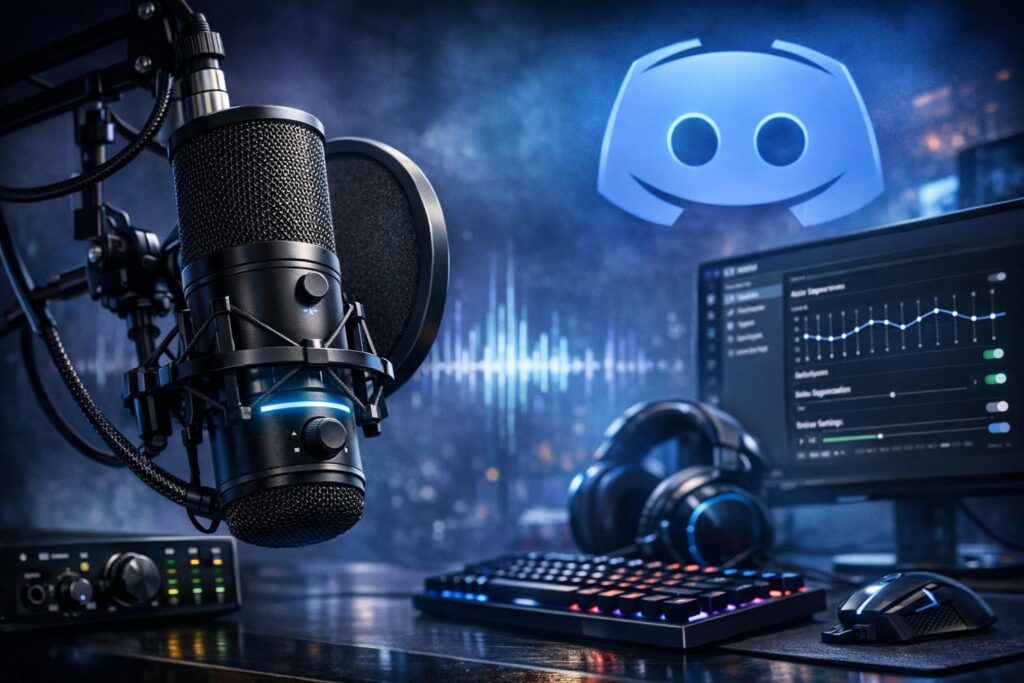 Микрофон на стойке перед логотипом Discord на экране