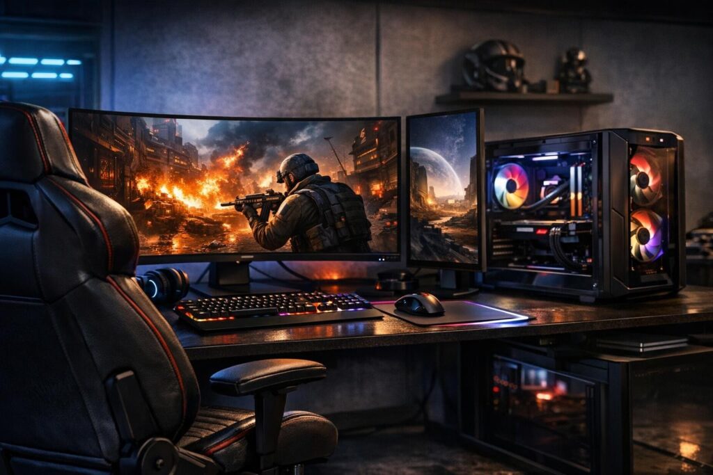 Игровой ПК с RGB и мониторы на столе