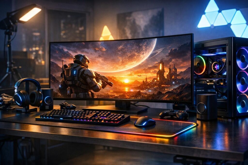 Игровой ПК с RGB подсветкой на столе