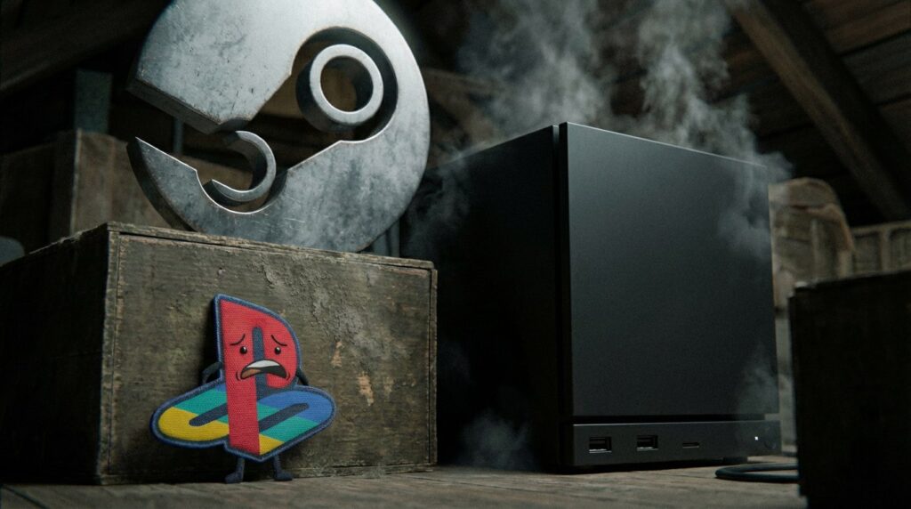 Грустный логотип PlayStation стоит рядом с ПК в сарае