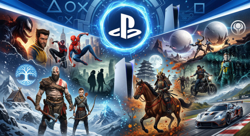 Логотип PlayStation над коллажем персонажей игр и PS5
