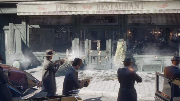 Гангстеры стреляют у ресторана Pepe's Restaurant на улице