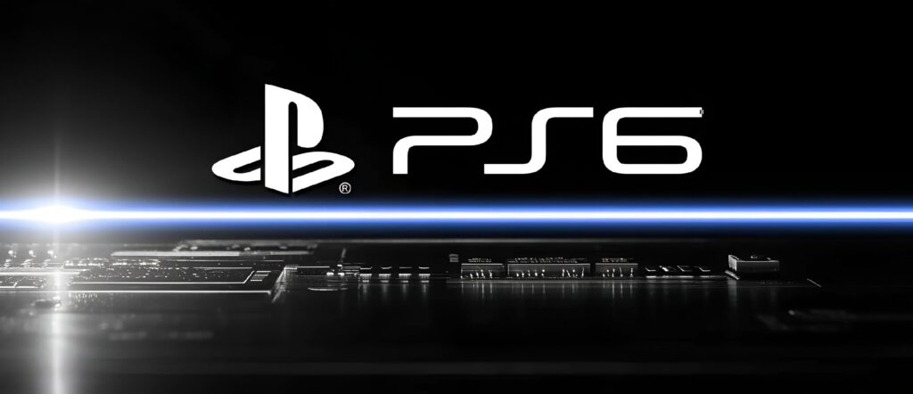 Логотип PlayStation PS6 над платой на чёрном фоне