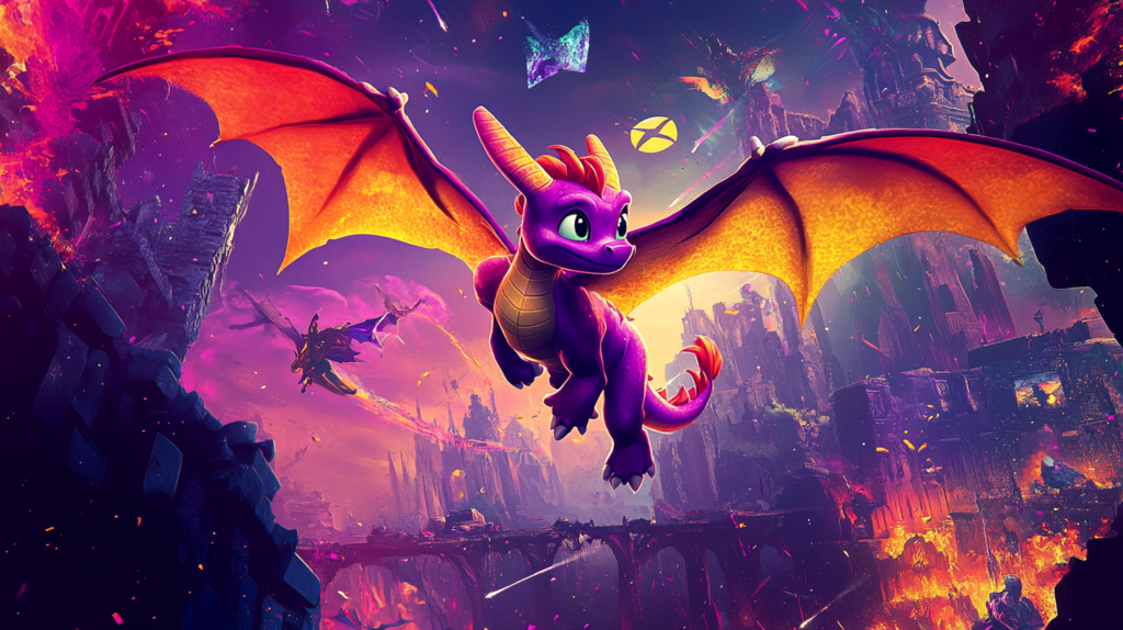 Спайро из Spyro the Dragon летит над каньоном