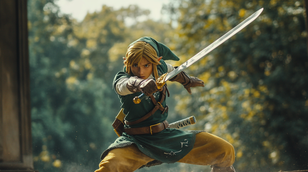 Линк из The Legend of Zelda размахивает мечом в лесу