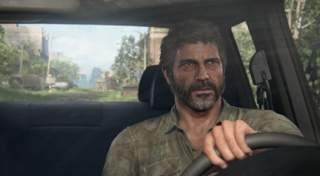 Джоэл из The Last of Us ведет машину в городе